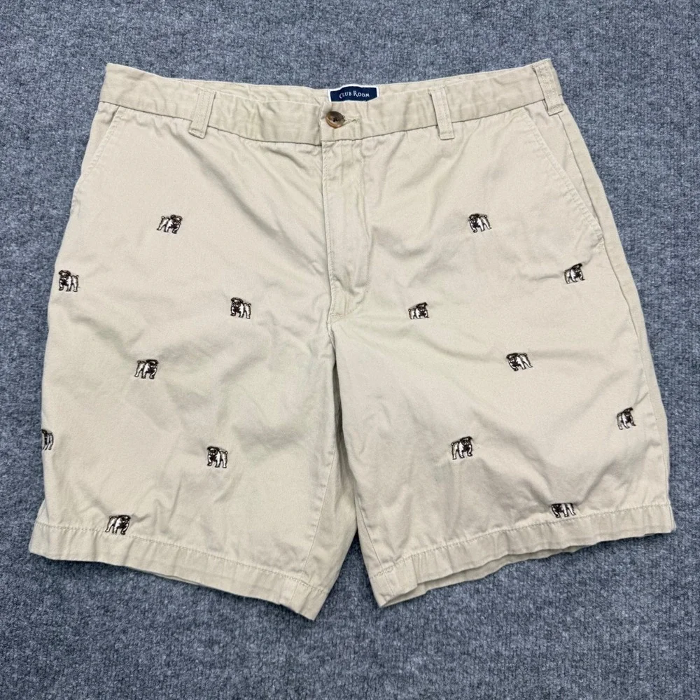 Club Room Mens Khaki Tan Bulldog‎ Embroidered Chino Shorts Size 34 Cotton Preppy